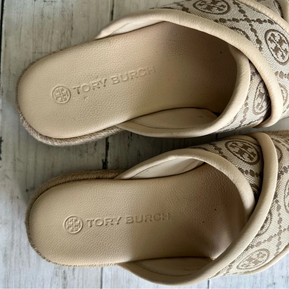 PREOWNED TORY BURCH T MONOGRAM CROSS ESPADRILLES SLIDE SANDALS CREAM 7 WOMEN - Picture 5 of 6